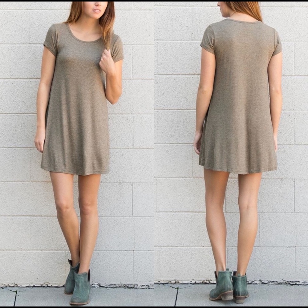 Daytrip Milange Brown Ribbed Swing T-Shirt Dress